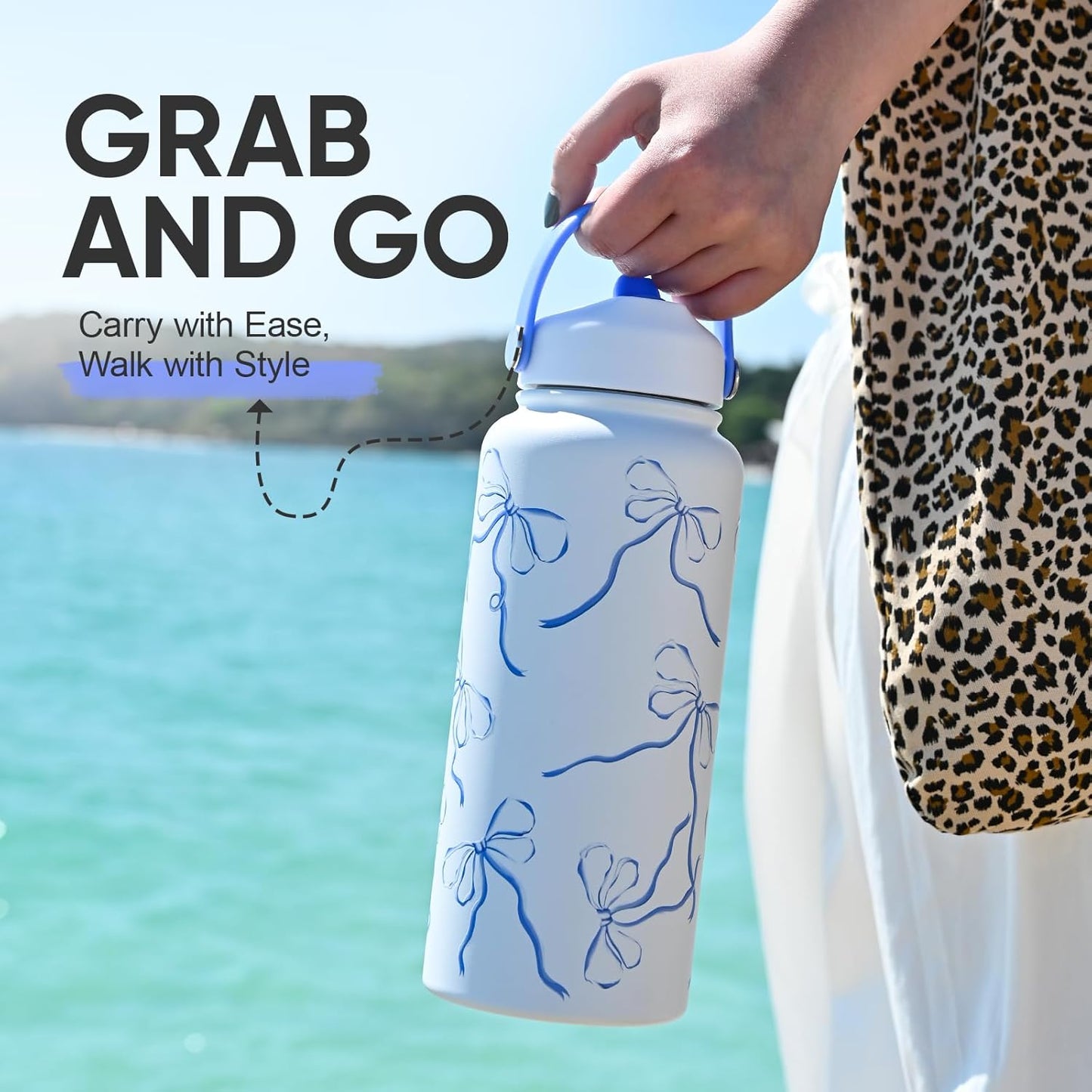 32 Oz Stainless Steel Insulated Water Bottle with Flip Straw and Handle, Leak-Proof, Reusable, Wide Mouth Design for Travel, Gym, and School (Breeze Blue Bow)