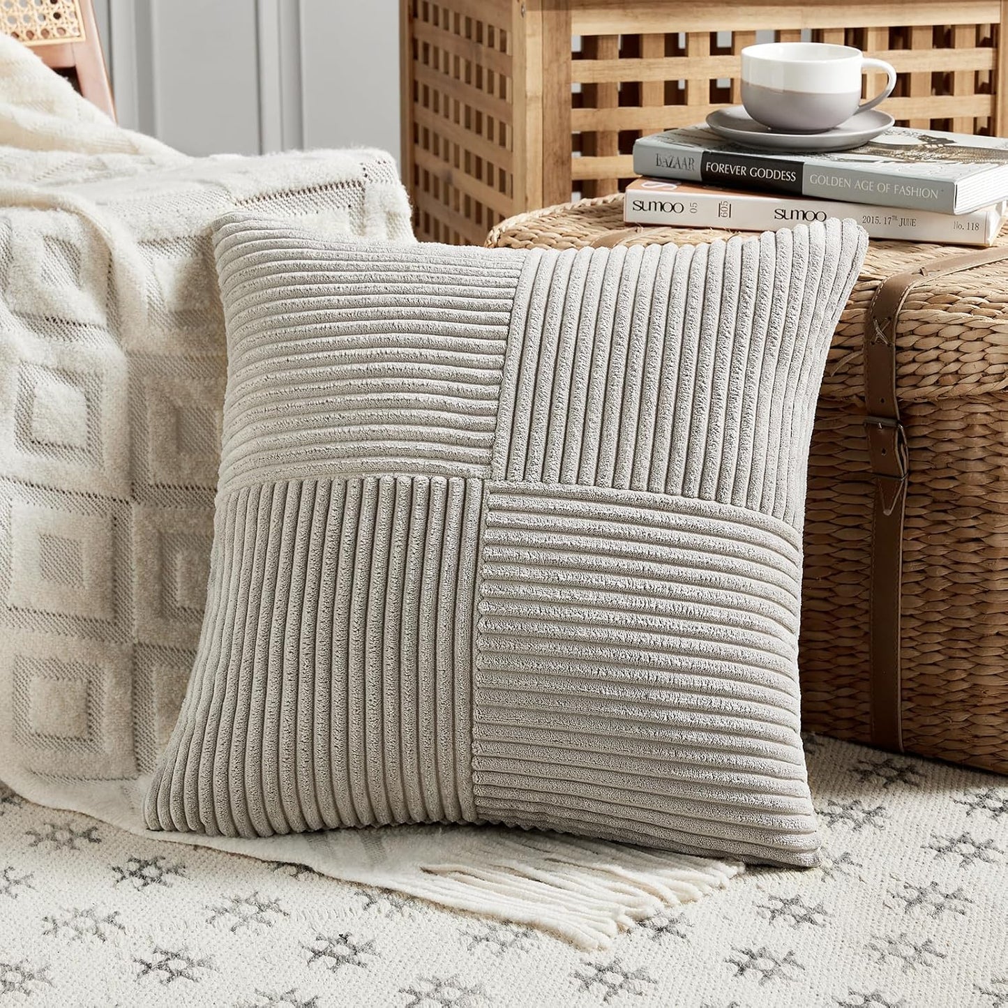 2 Packs Neutral Grey Decorative Throw Pillow Covers 18X18 Inch for Living Room Couch Sofa, Rustic Farmhouse Boho Home Decor, Soft Corss Corduroy Patchwork Textured Square Cushion Case 45Cm