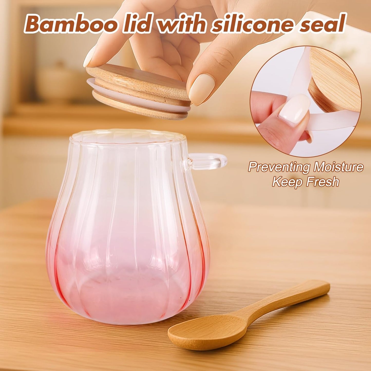 15 Oz Pink Sugar Bowl with Bamboo Lid and Spoon,Pink Kitchen Decor and Accessories,Glass Jar with Airtight Lid, Brown Sugar Keeper, Sugar Container for Coffee Bar and Office