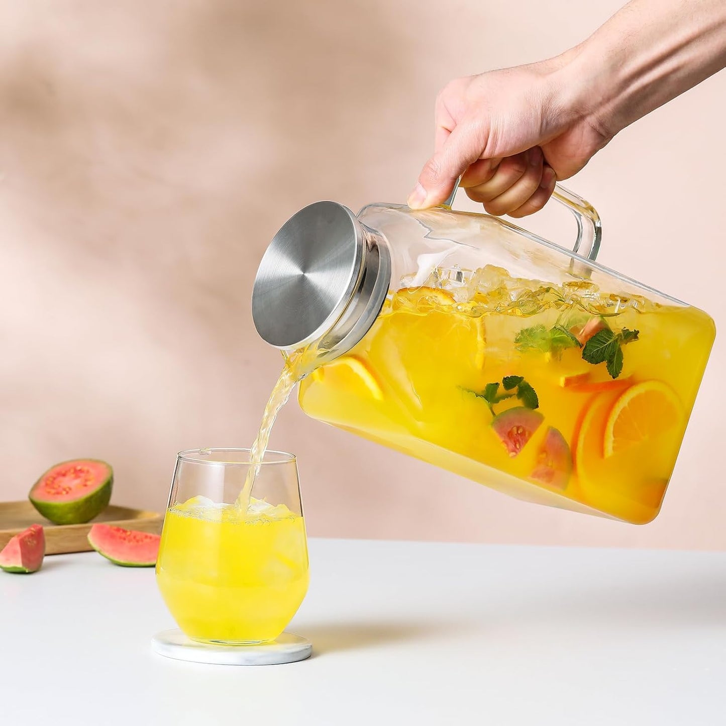 1 Gallon Square Glass Pitcher with Lid and Spout, Water Pitchers with Handle for Fridge, Borosilicate Glass Carafe for Hot/Cold Drink,Extra Large Jug for Iced Tea, Coffee,Juice,Beverage, Clear