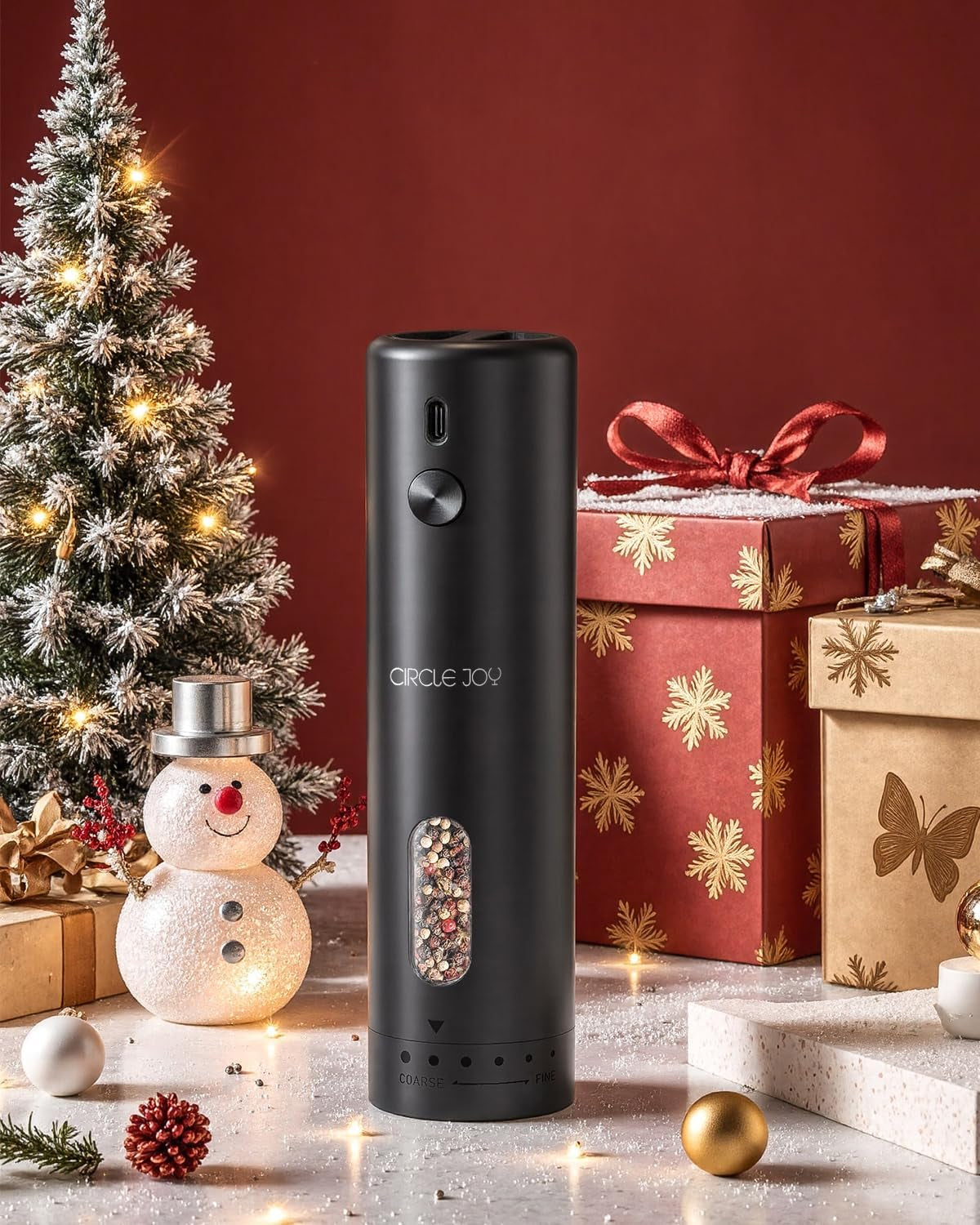 Electric Pepper Grinder Rechargeable, Automatic Pepper Mill with 110Ml Container, External Adjustable Coarseness, White Led Light and One-Handed Operation, Black