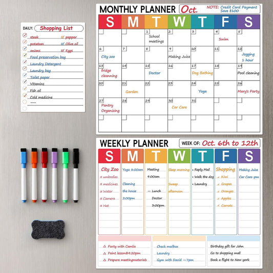 3 Pack Dry Erase Magnetic Calendar for Refrigerator - Monthly & Weekly & Daily Planner Magnet Whiteboard for Fridge Wall - Shopping, Meal/Menu, to Do List, Family Schedule Planning Board (9CO-3RIZH)