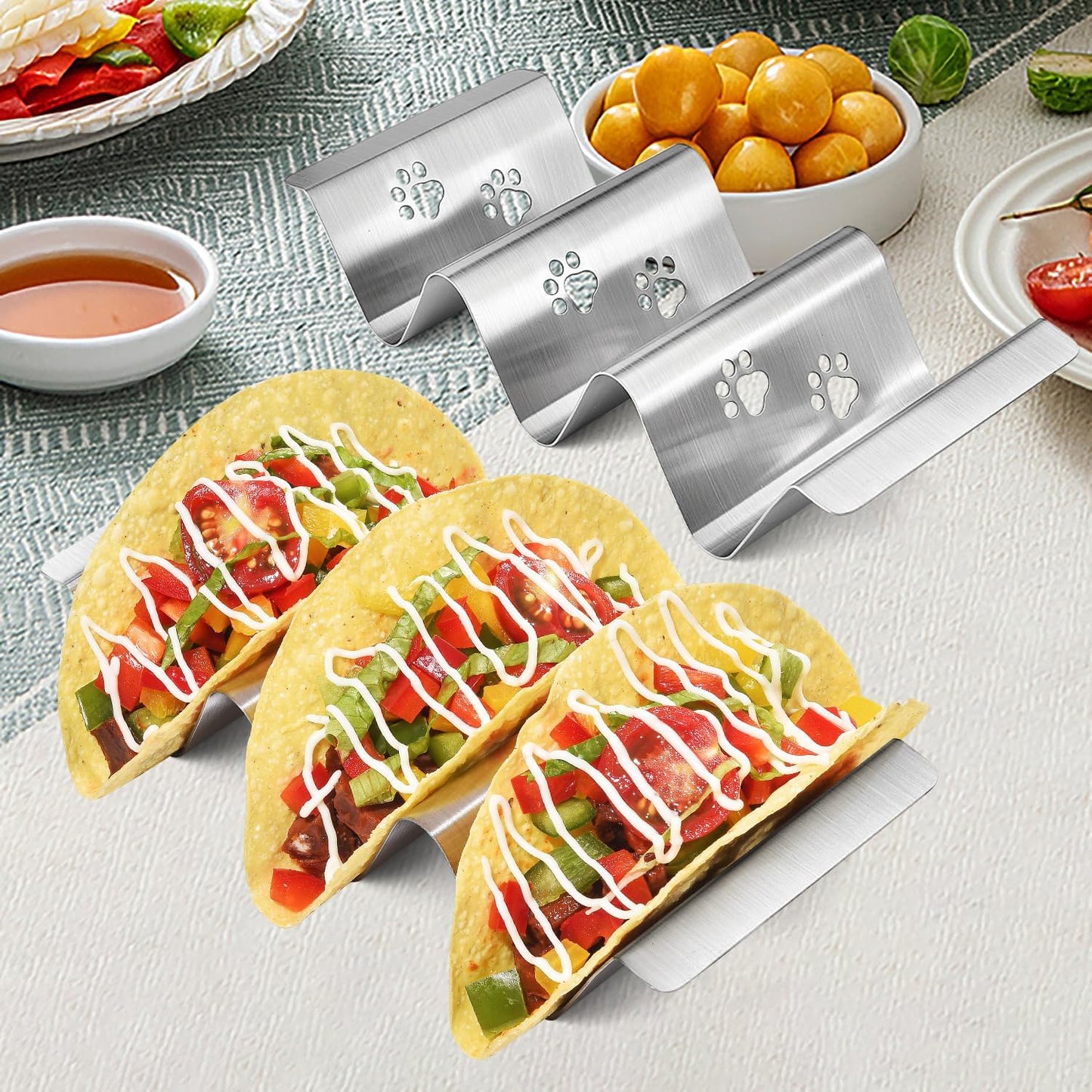 Mini Taco Holders Set of 6 Stainless Steel Taco Holder for Kids Taco Night - Premium Easy to Use and Clean Taco Stand for 3 Soft Hard Shell Tacos - Perforated with Bear Paw