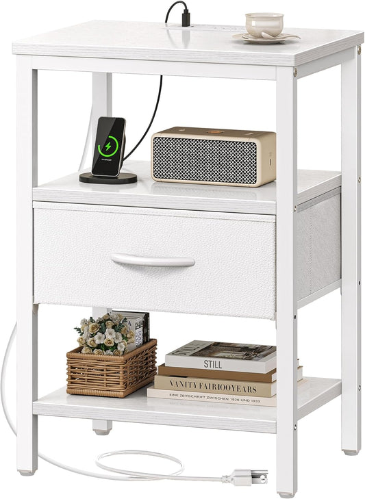 White Nightstand with Charging Station and Adjustable Fabric Drawer, 3-Tier Storage End Table for Bedroom and Living Room