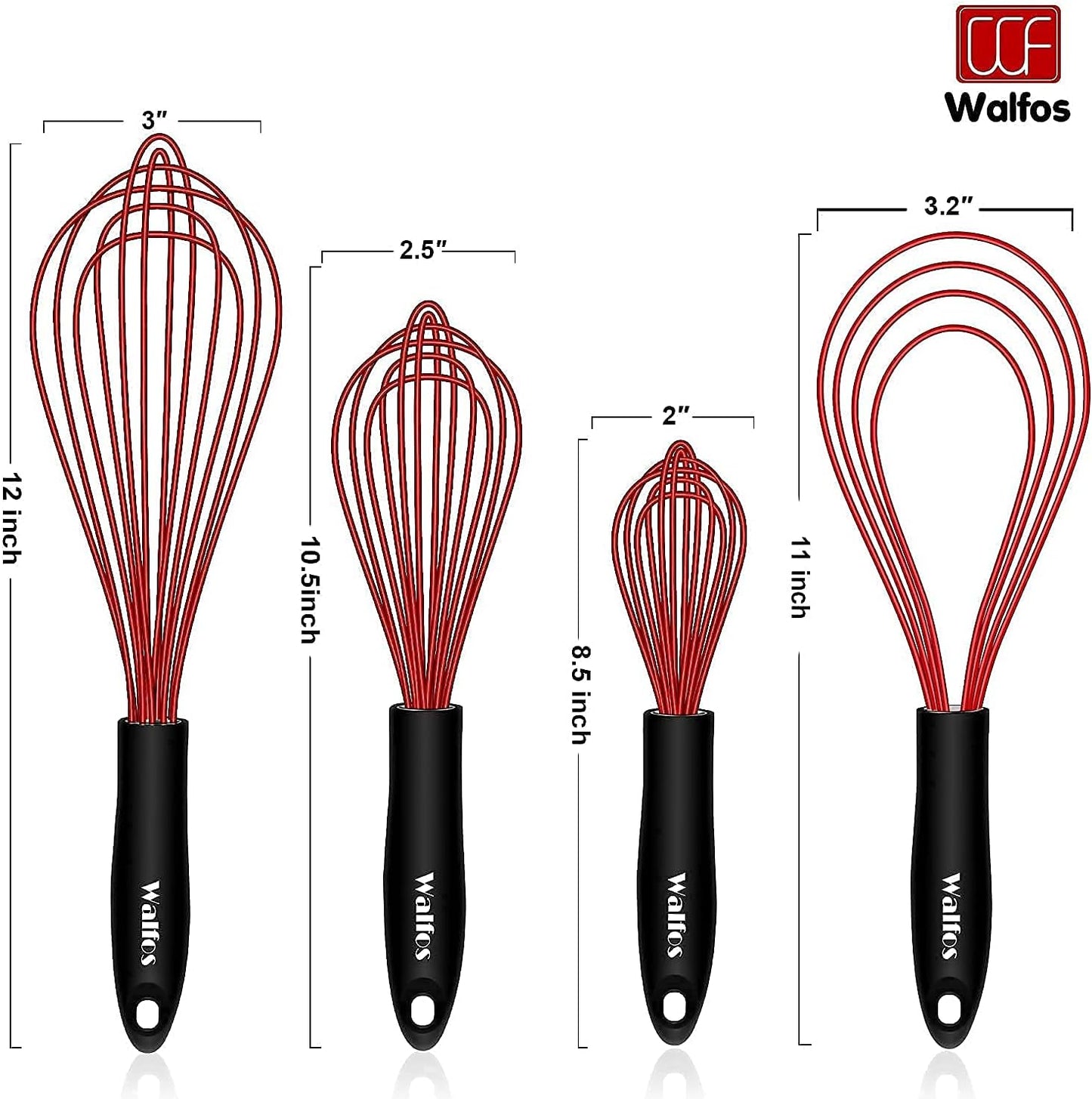 Whisk,Silicone Whisks 11'' Flat Whisk and 7''+9''+11'' Balloon Wisk Set for Blending Beating Stirring and Kitchen Cooking.Bpa Free and Heat Resistant 480°F.Red