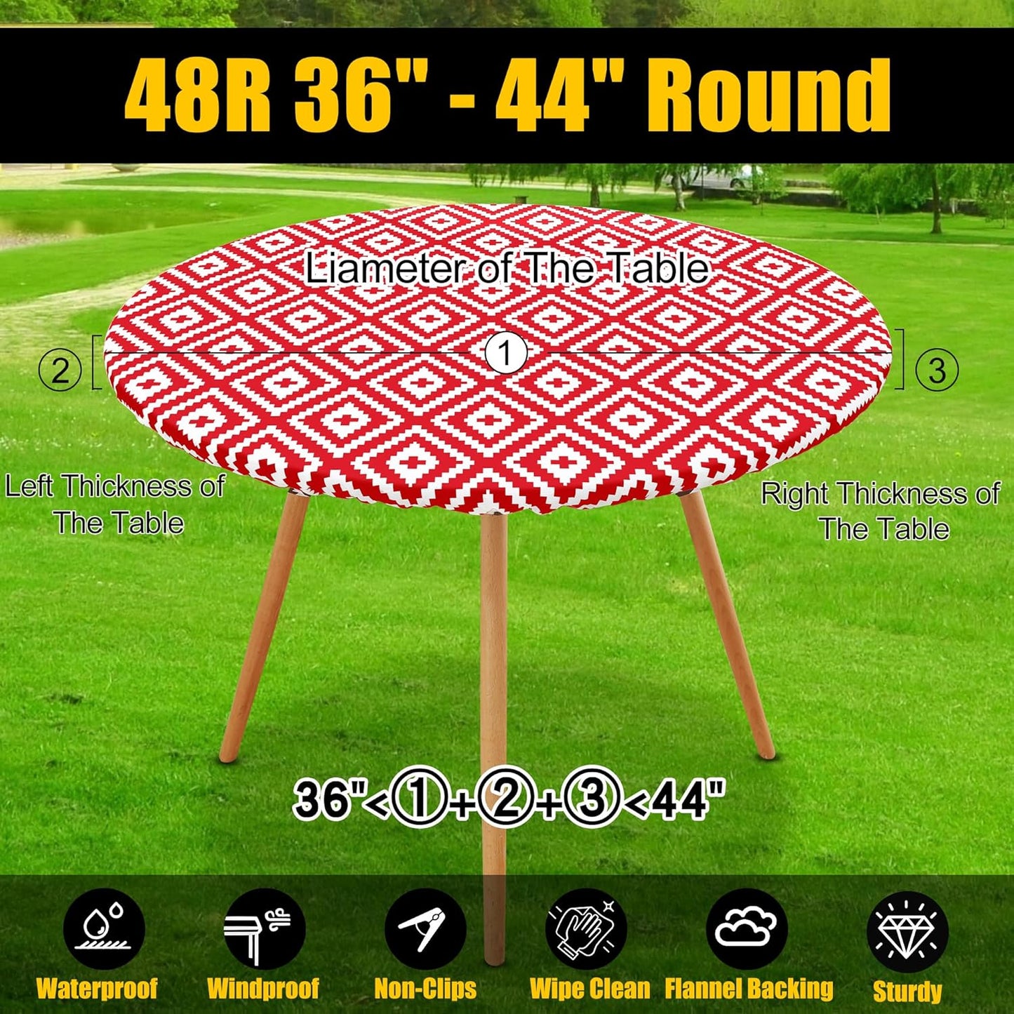round Picnic Table Cloth, Waterproof Elastic Fitted Outdoor Tablecloths for 36"-44" Tables, Wipeable Flannel Backed Vinyl Table Cover for Camping, Dining and Indoor, Red