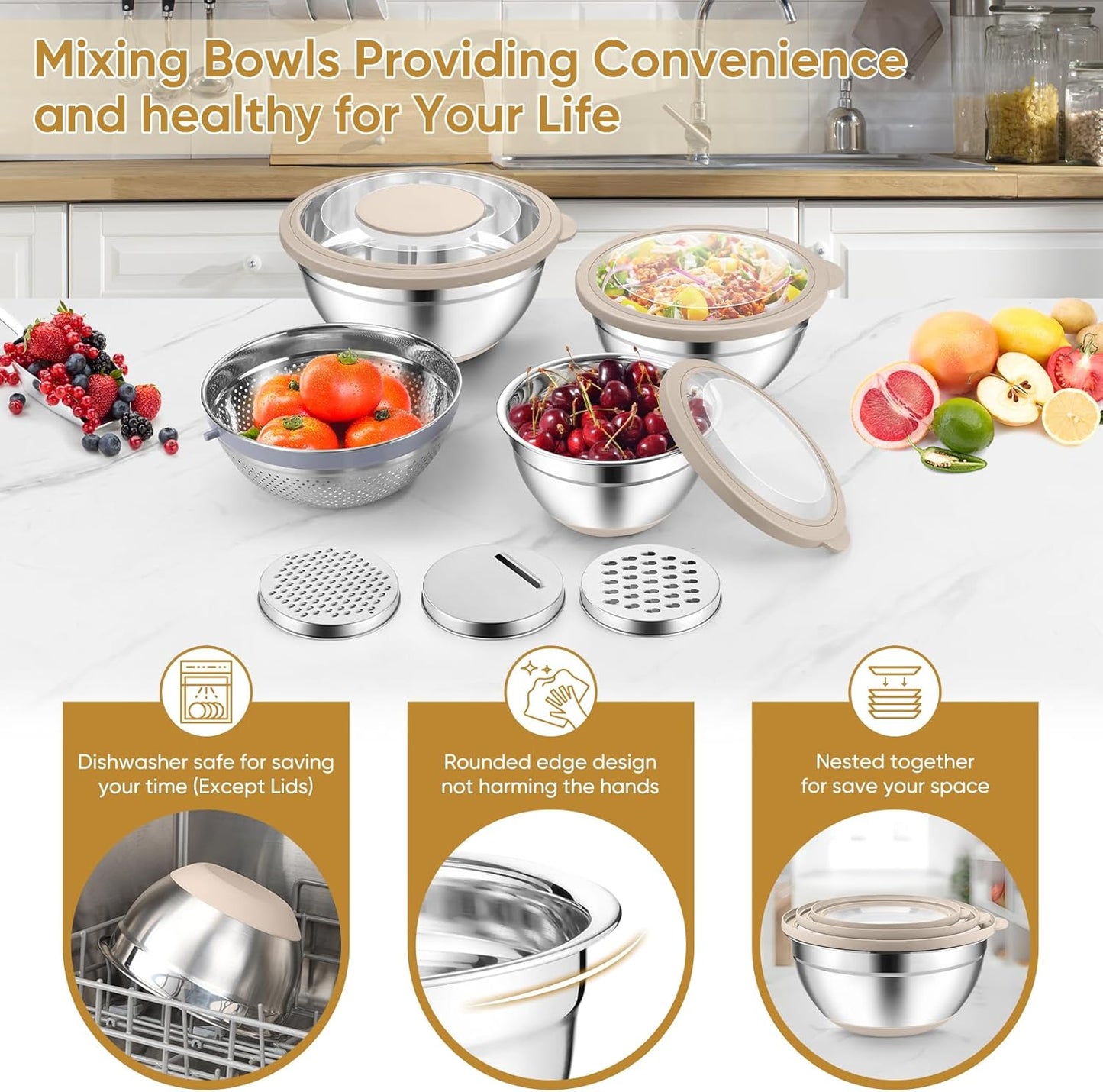 Mixing Bowls with Lids Set of 3, Stainless Steel Mixing Bowl and Colander for Kitchen, 3 Grater Attachments & Non-Slip Bottoms, Visible & Airtight Lid, Khaki