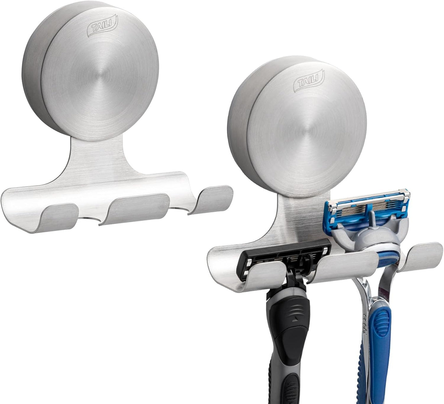 2 Pack Powerful Suction Cup Razor Holder, 304 Stainless Steel Bathroom Suction Hooks for Towel, Loofah, Bathrobe, Stylish Shaver Holder for Shower Wall, Easy to Install and Reuse, Silver