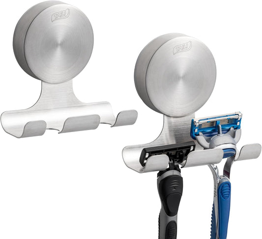 2 Pack Powerful Suction Cup Razor Holder, 304 Stainless Steel Bathroom Suction Hooks for Towel, Loofah, Bathrobe, Stylish Shaver Holder for Shower Wall, Easy to Install and Reuse, Silver