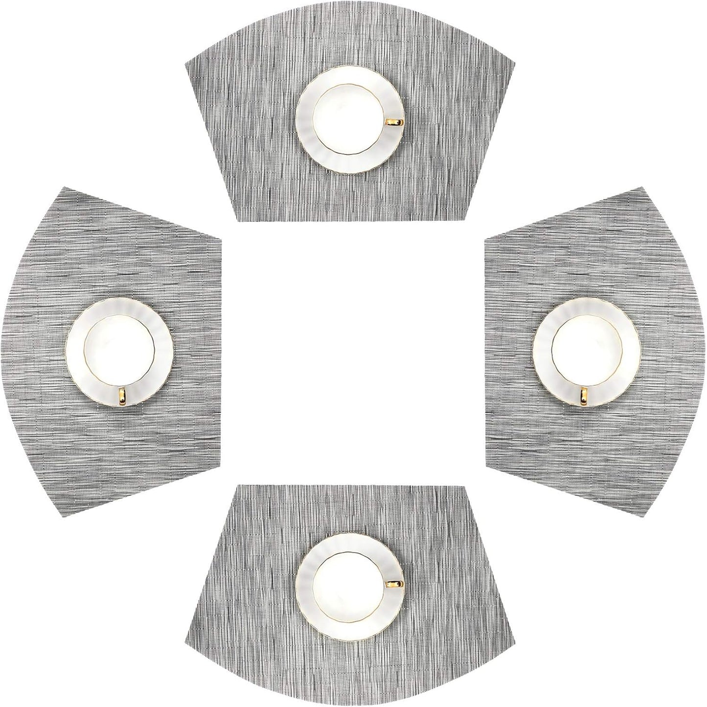 Small round Table Placemats Set of 4 Wedge Placemats Heat Resistant Woven Vinyl Table Mats Wipe Clean (4, Silver Gray)