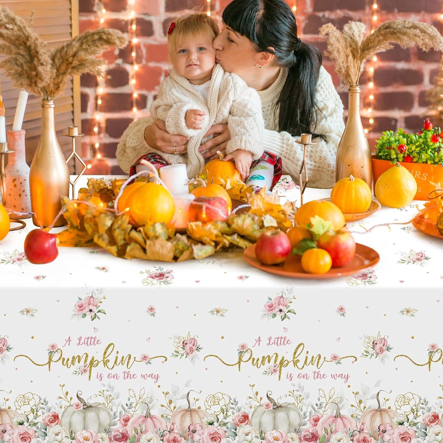 3Pcs 108X54Inch a Little Pumpkin Is on the Way Plastic Tablecloths, Floral Baby Girl Shower Tablecloth, Disposable Table Cover for Fall Baby Shower Gender Reveal Party Decorations