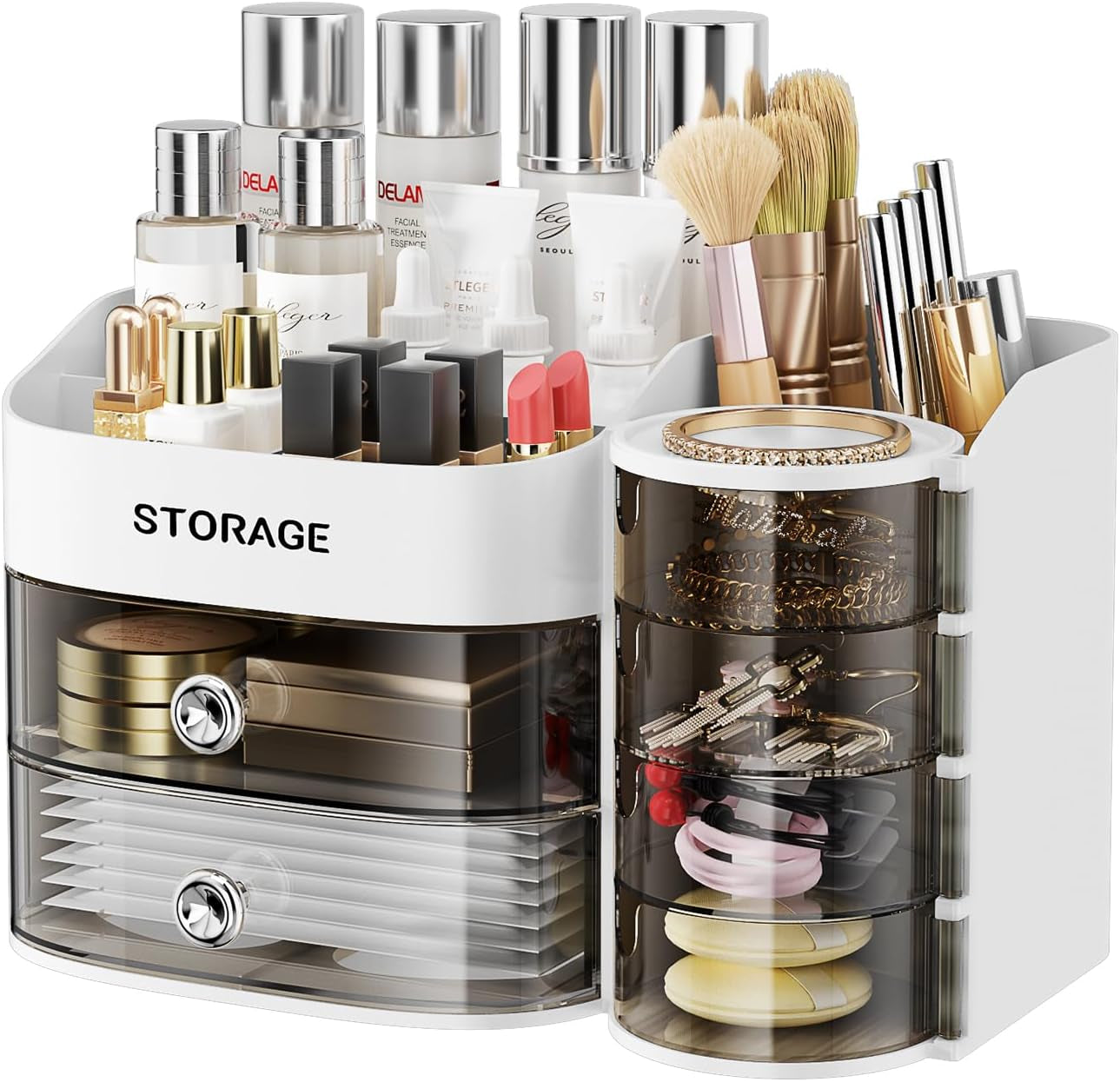 Makeup Organizer with Drawers, Cosmetic Storage for Dresser Bathroom Countertop, Include 4-Tier Rotating Jewelry Box for Brushes, Skincare, Perfume, Office, Earring, Jewelry Organizer, White