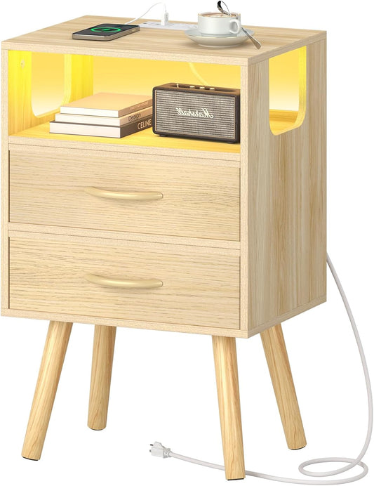LED Night Stand with Charger Station, Mid Century Modern Nightstand with Fabric Drawers, Bedside Table Nightstands with Storage Shelf, Bed Side Table Small Night Stands for Bedroom Living Room
