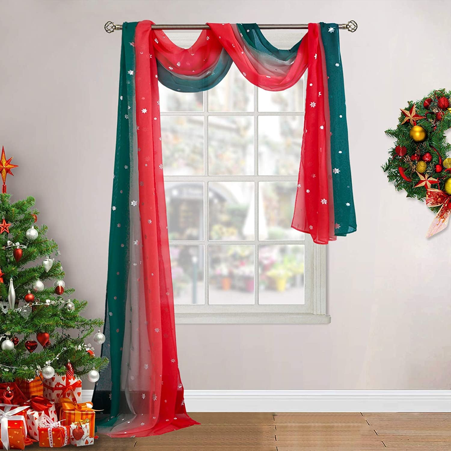 Christmas Party Scarf Curtains Snow Print Window Decoration for Living Room, Soft Ombre Sheer Voile Scarf Valance for Window, Set of 1 Panel (52 X 144 Inch, Red and Green)