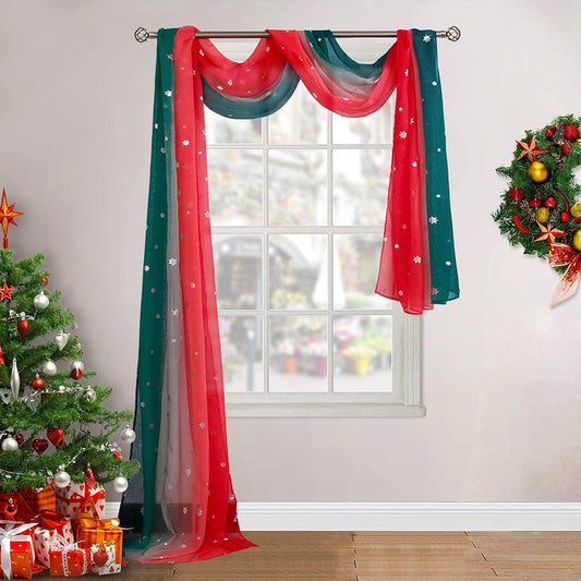 Christmas Party Scarf Curtains Snow Print Window Decoration for Living Room, Soft Ombre Sheer Voile Scarf Valance for Window, Set of 1 Panel (52 X 144 Inch, Red and Green)