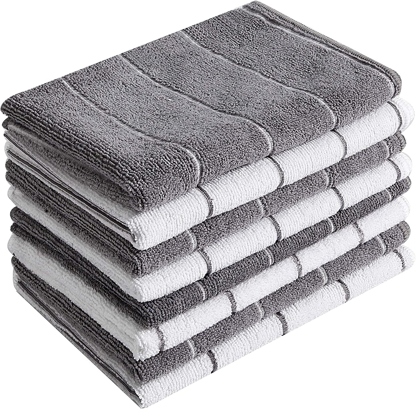 Microfiber Kitchen Towels - Super Absorbent, Soft and Solid Color Dish Towels, 8 Pack (Stripe Designed Grey and White Colors), 26 X 18 Inch
