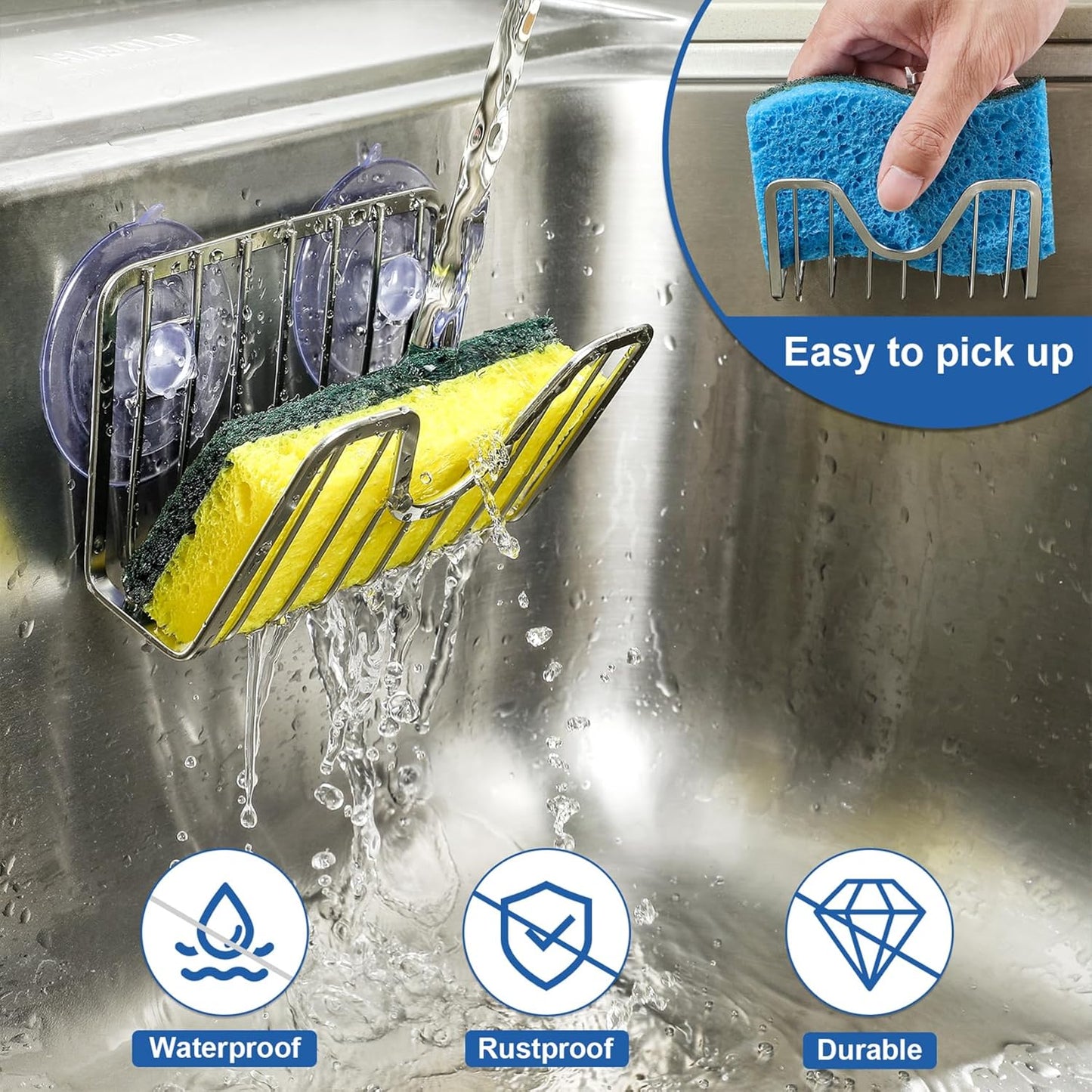 Sponge Holder with Suction Cups - Sink Caddy Organizer for Sponges, Scrubbers, Dish Brush, Soap - Bathroom & Kitchen Accessories - 304 Stainless Steel, Neverrust