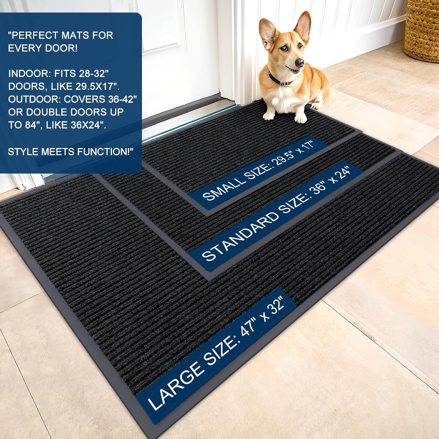 Front Door Mat Indoor Outdoor Entrance, and Waterproof All-Weather All-Season Doormat Size 29.5X17 in Black, 2 Item Bundle