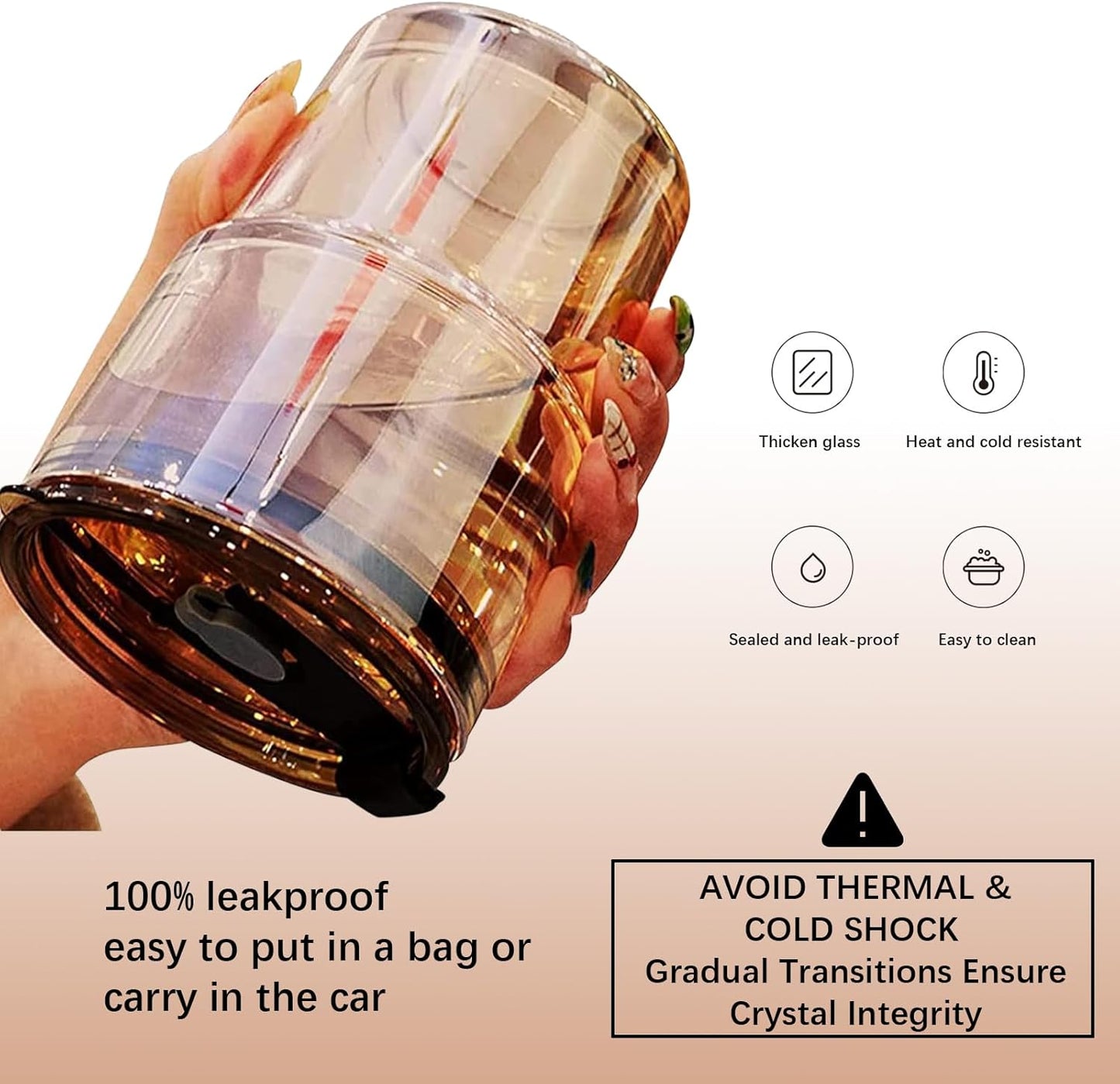 13 Oz Tumbler Water Glass, Water Bottle with Straw and Dustproof Lid, Coffee Ice Cup Double Wall Insulated Glass Cup (Amber-Ribbed)
