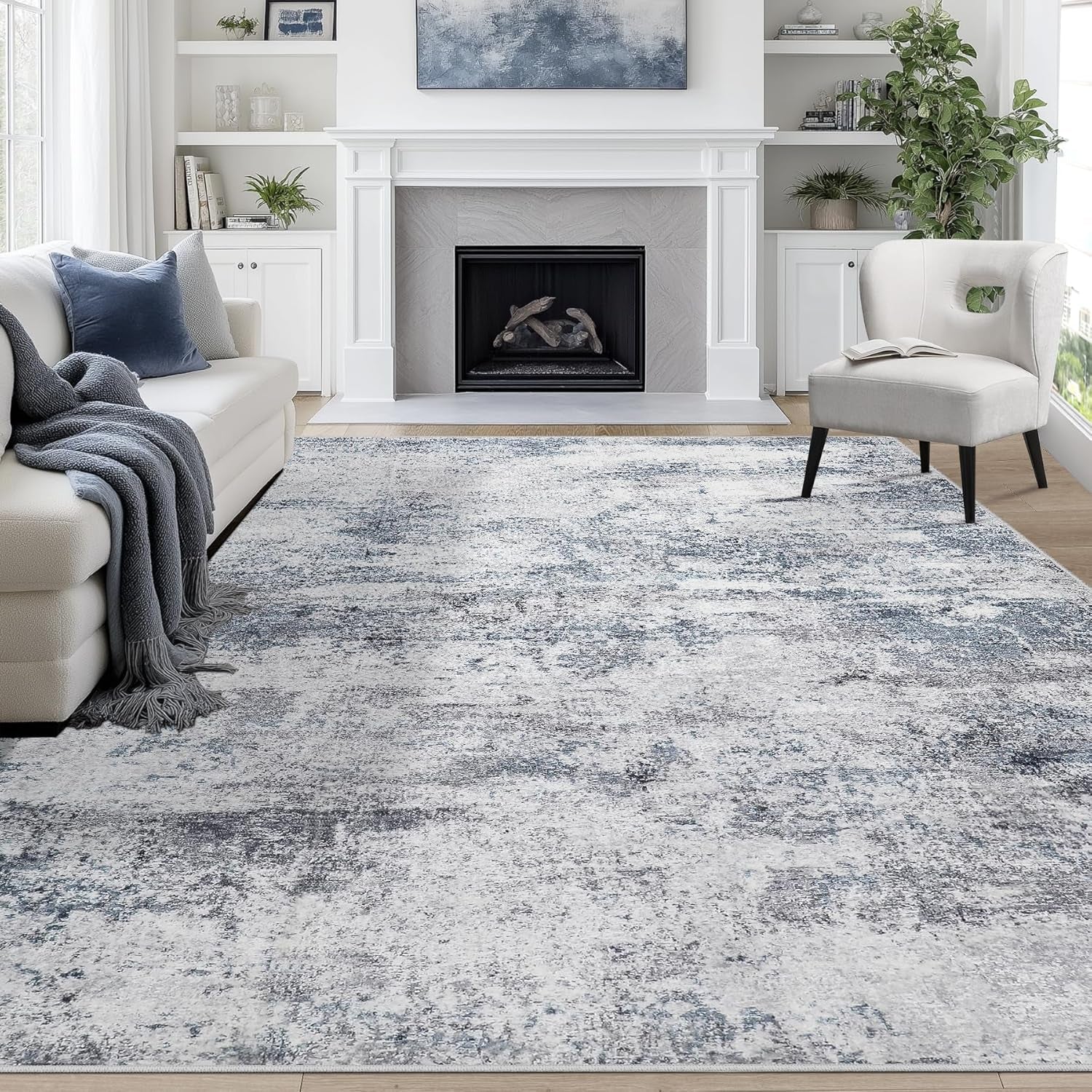 8X10 Area Rugs for Living Room Rug Washable: Abstract Large Rug for Dining Room Bedroom Carpet Non Slip 8 by 10 Indoor Modern Nursery Home Office Blue Grey
