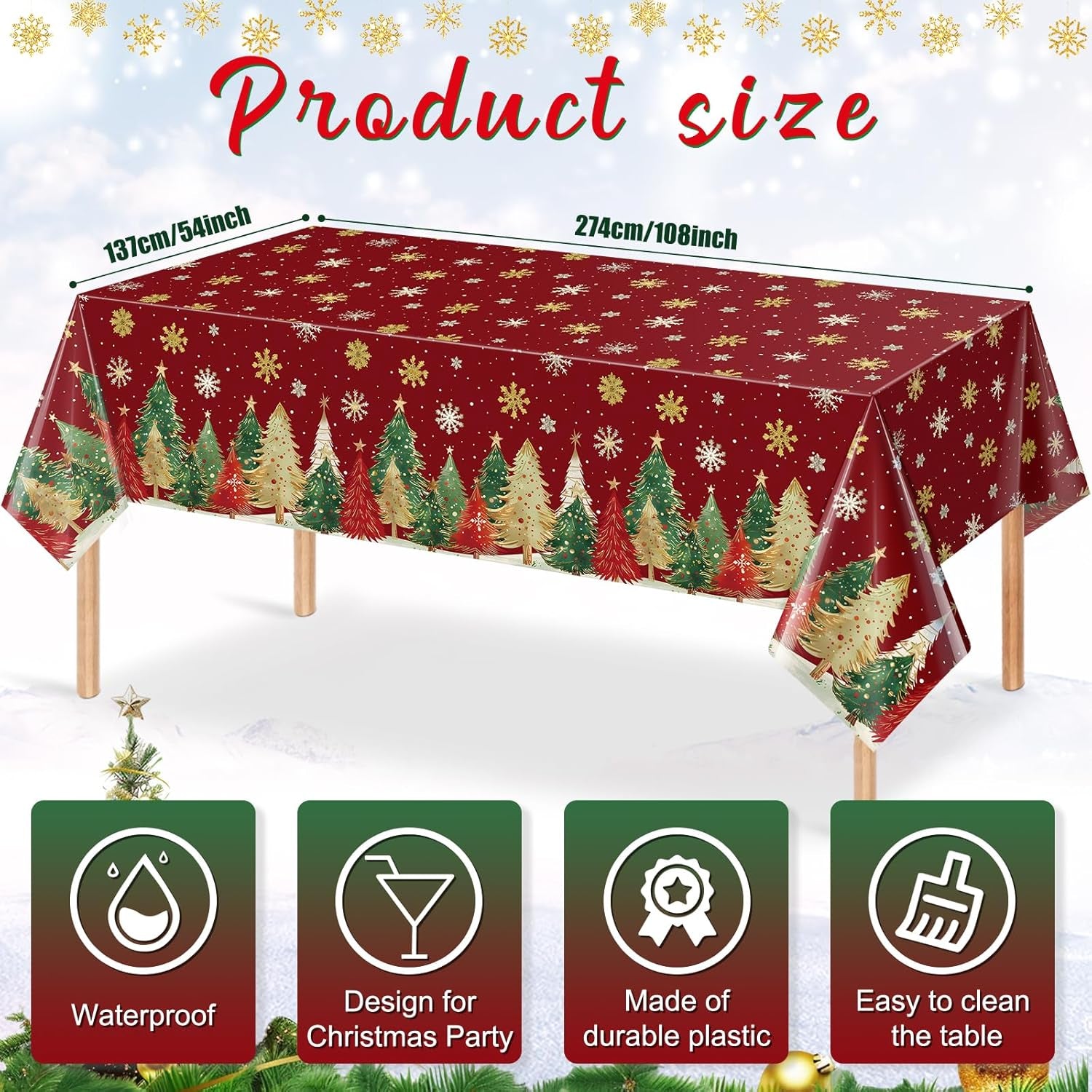 3Pcs Christmas Disposable Tablecloths Rectangle,Christmas Trees Red Plastic Table Cloth,Waterproof Winter Snowflakes Table Cover for Xmas Holiday Home Dinner Party Decorations,54 X 108 Inch