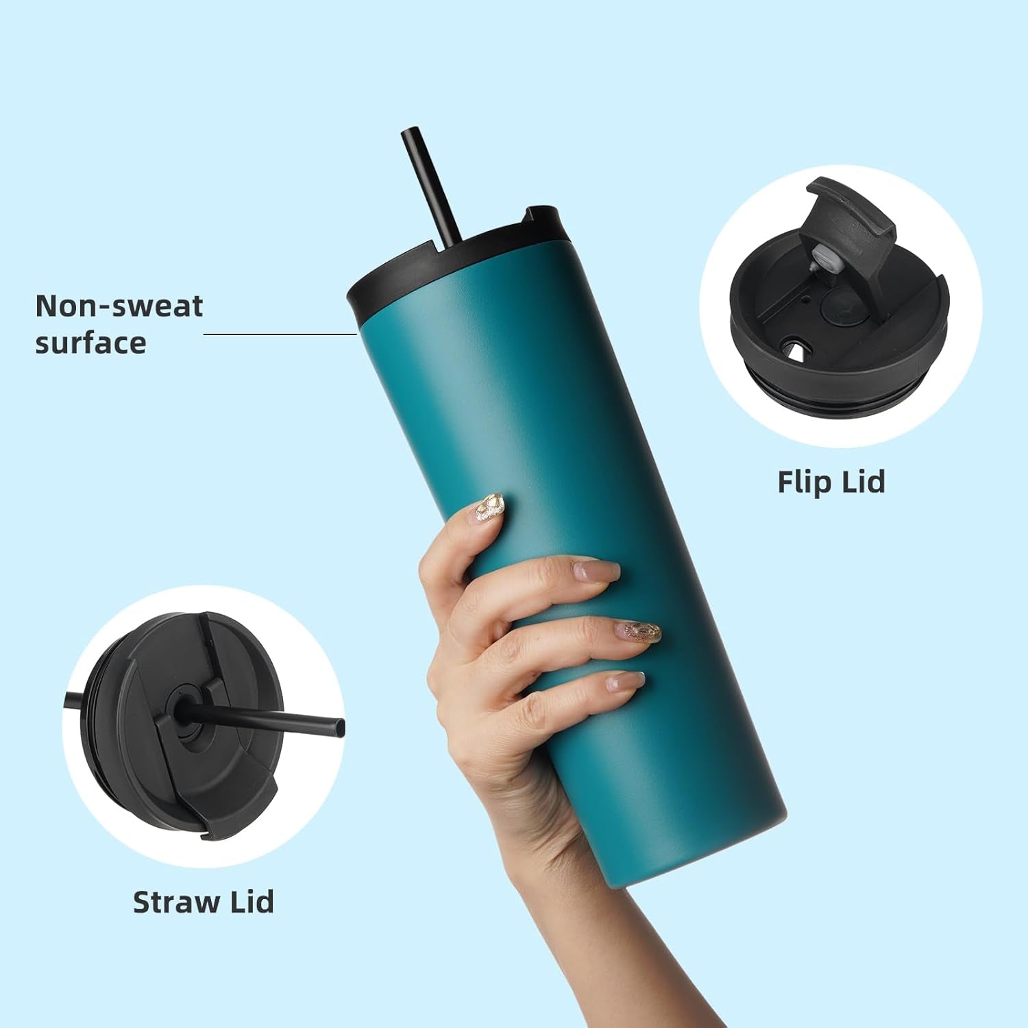 22 OZ Insulated Tumbler with Lid and 2 Straws Stainless Steel Water Bottle Vacuum Travel Mug Coffee Cup,Blue
