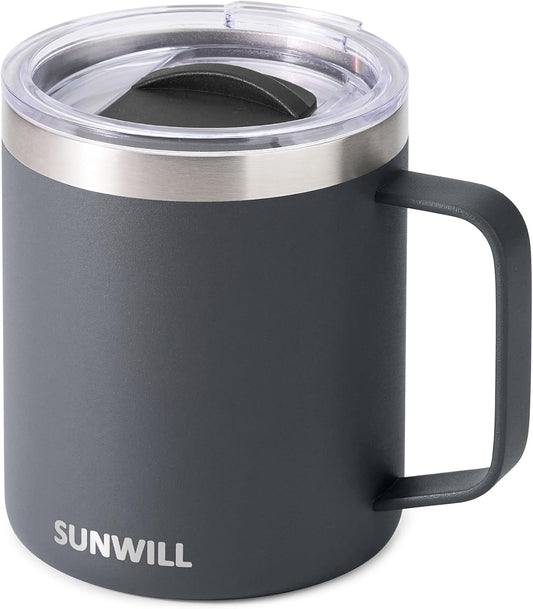 Travel Coffee Mug with Lid, Insulated Tumbler with Handle, 14 Oz Stainless Steel Cup for Home, Office, Camping, Powder Coated Charcoal
