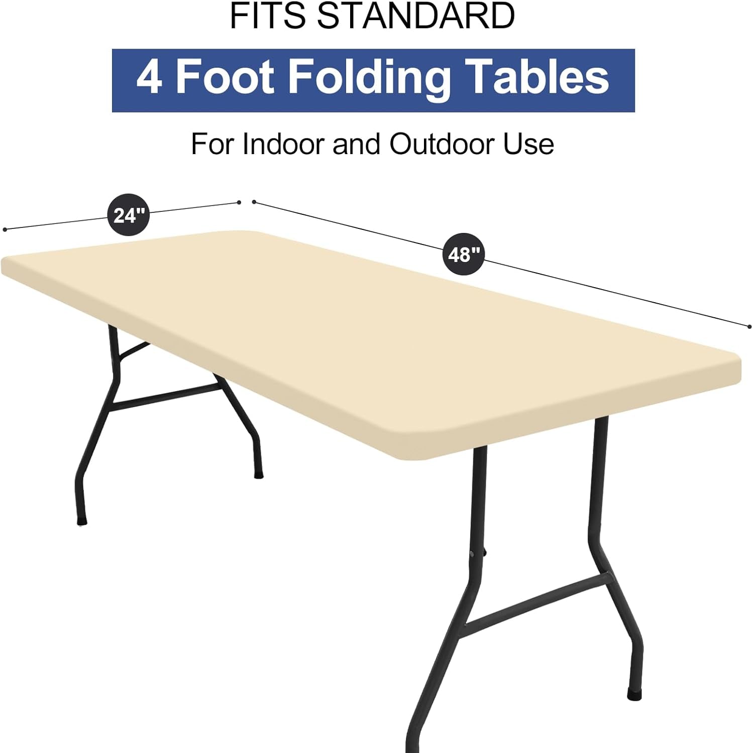 2 Pack Rectangle Table Cloth, Elastic Fitted Fabric Tablecloth Fits for 4 Foot Folding Tables, Washable Table Cover for Picnic, Camping, Indoor & Outdoor (Champagne, 24" X 48")