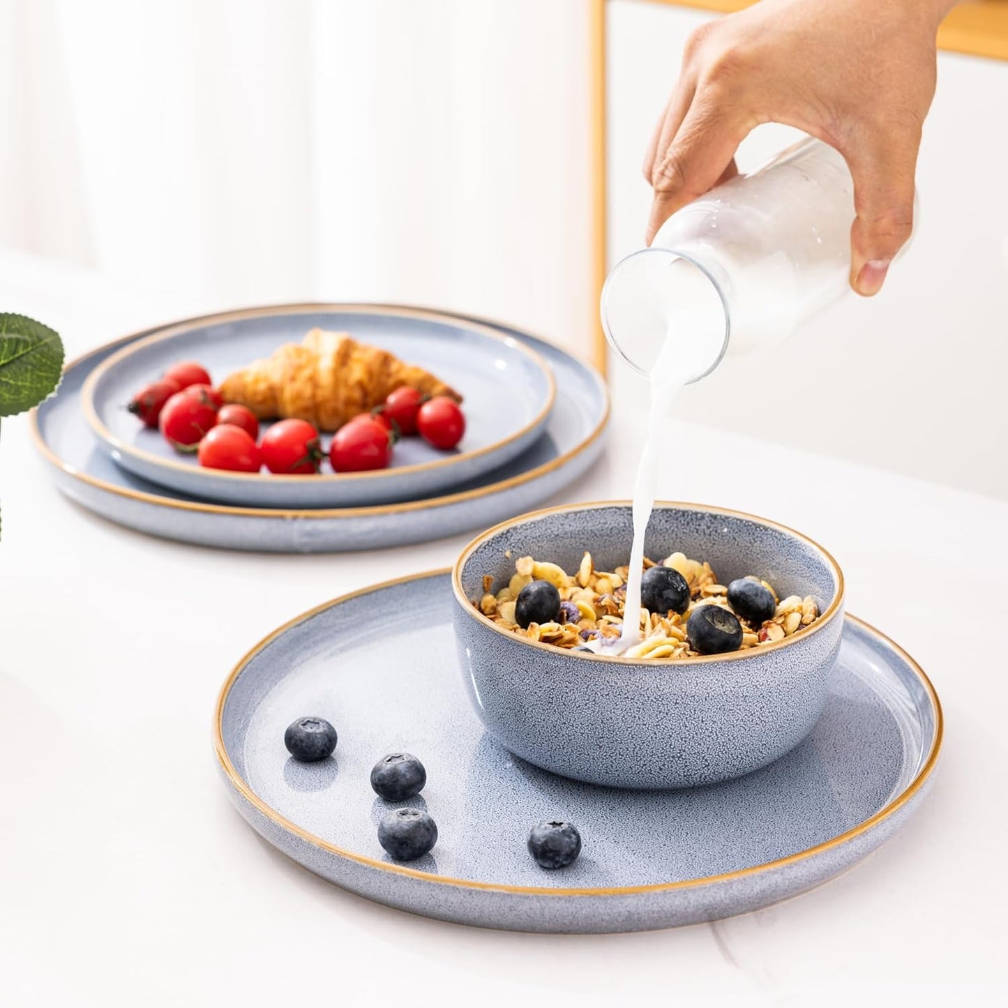 Ceramic Dinnerware Set for Four - 12-Piece Stoneware Plate and Bowl Collection, Scratch-Resistant, Dishwasher and Microwave Safe, Brunnera Blue