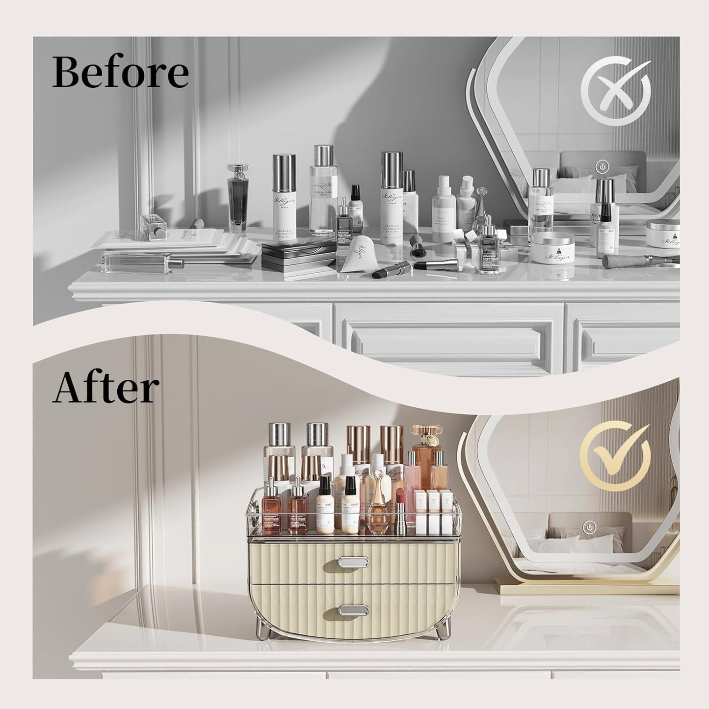 Makeup Organizer with 2 Drawers, Bathroom Storage with Four Non-Slip Feet and Dust-Proof, Simple and Stylish for Desktop, Vanity, Bathroom Countertops, White