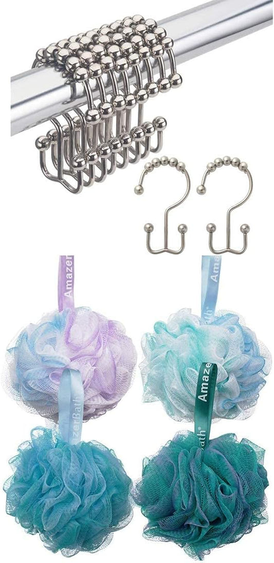 Shower Curtain Hooks Rings and Shower Bath Sponge Shower Loofahs Balls 75G/Pcs for Body Wash Bathroom Men Women- Set of 4 Flower Color Sponges