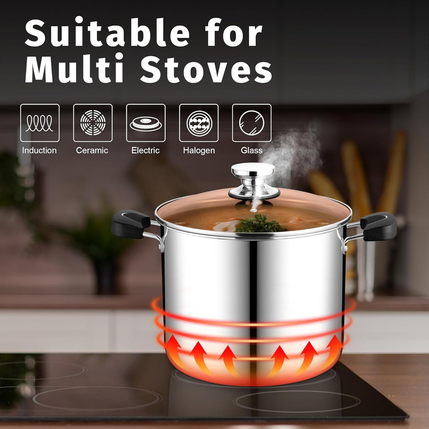 Stainless Steel 3-Ply Sock Pot with Lid, Stockpot for Cooking Pasta & Stewing Soup, Fits Multi Stoves, Heat-Proof Handle & Clear Lid, Heavy Duty & Dishwasher Safe, 12 Quarts