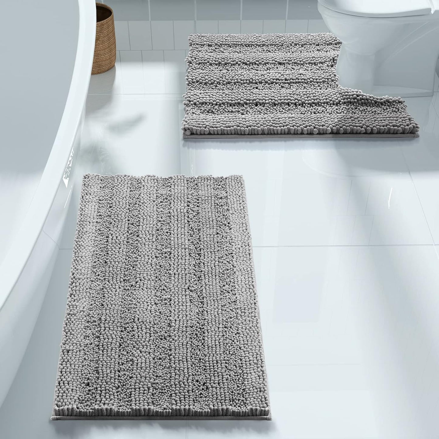 Bathroom Rugs Sets 2 Piece, Soft Absorbent Chenille Bath Mat and U-Shaped Toilet Rug, Non Slip Machine Washable Quick Dry, Plush Shower Rugs for Bathroom Floor, 24"X17"+24"X20", Gray