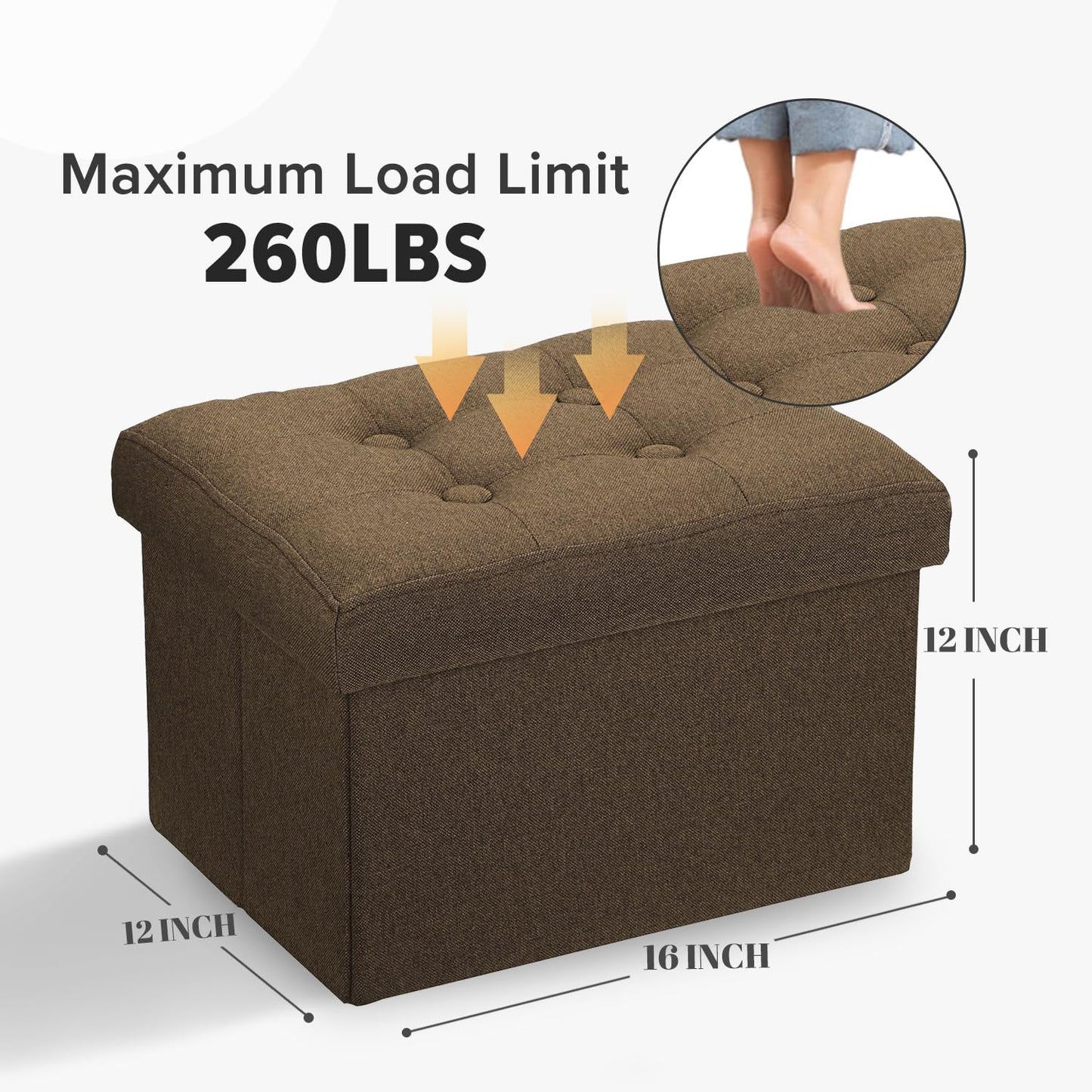 Linen Cloth Ottoman Storage Stool - Compact Folding Footrest in Brown, 16" x 12" x 12