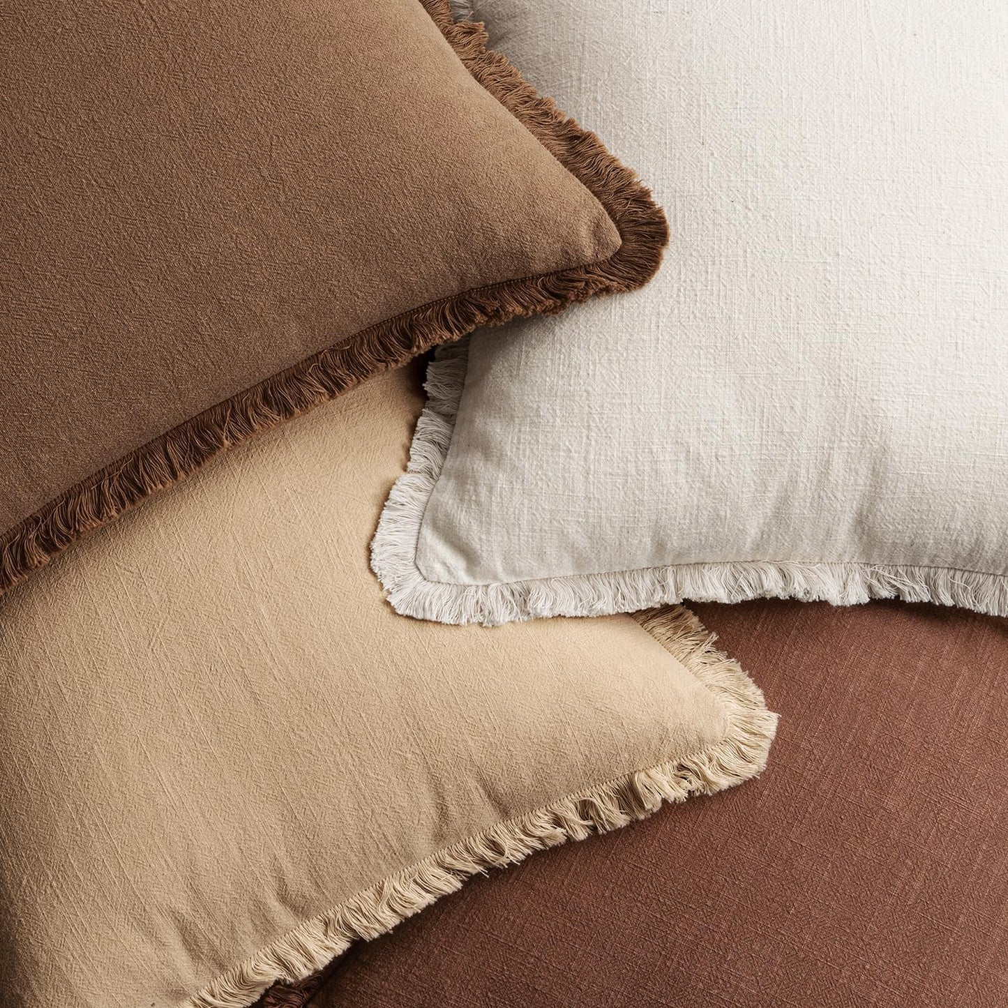 Set of 4 Fall Decorative Couch Pillow Covers in Neutral Linen with Fringe - Rustic Boho Farmhouse Accent Cushions for Living Room and Home Decor, 18x18 Inches, Beige/Brown