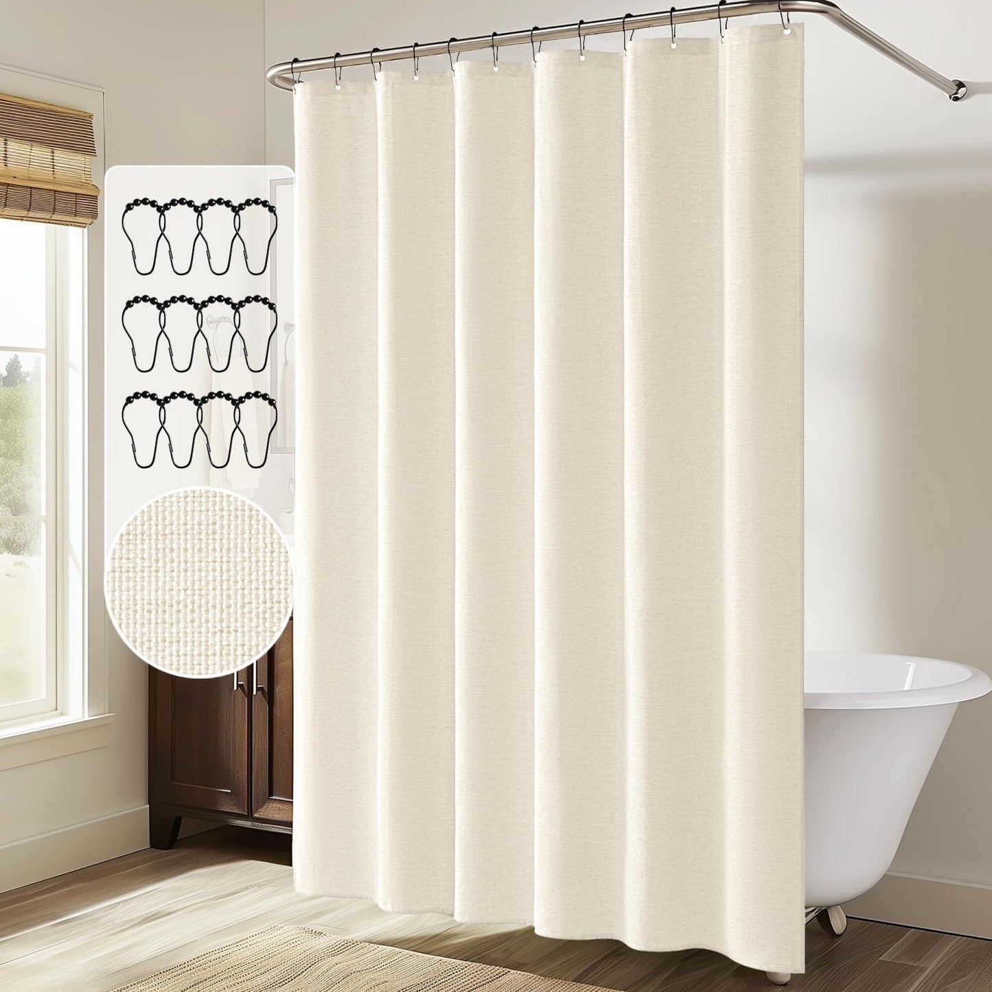 Extra Long Waterproof Linen Shower Curtain Set, 84 Inches with 12 Metal Hooks, Washable Heavy Fabric for Bathroom and Hotel, 72 x 84 Inches, Ivory