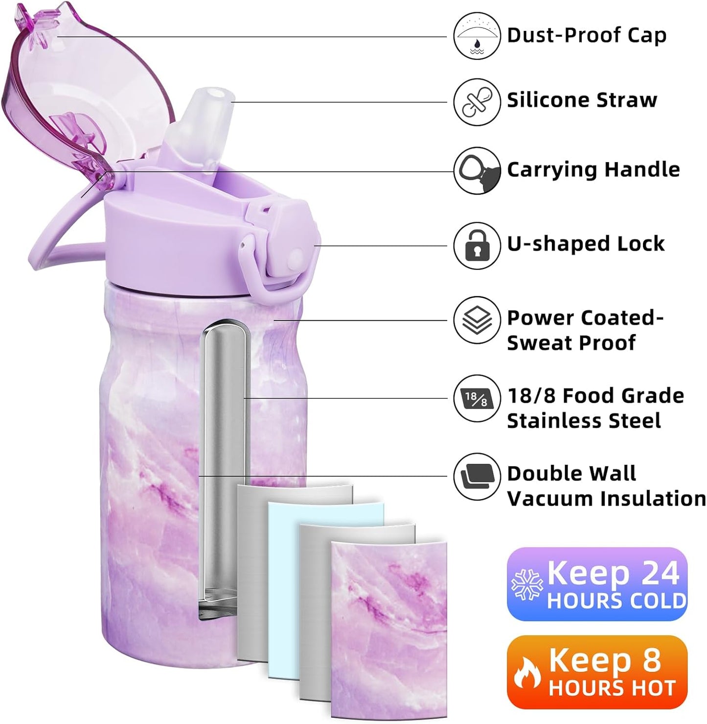 Stainless Steel Insulated Water Bottle with Straw Lid 14Oz Reusable Metal Thermo Bottles Keep Cold and Hot,Dawn
