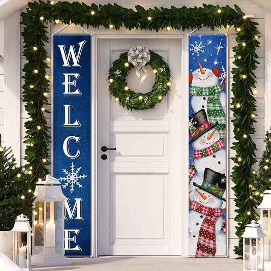 Winter Snowman Welcome Door Banner, Watercolor Xmas Snowman Front Door Porch Sign Hanging Banner, Snowflake Porch Decoration Indoor/Outdoor for Winter Christmas Holiday Party Decorations