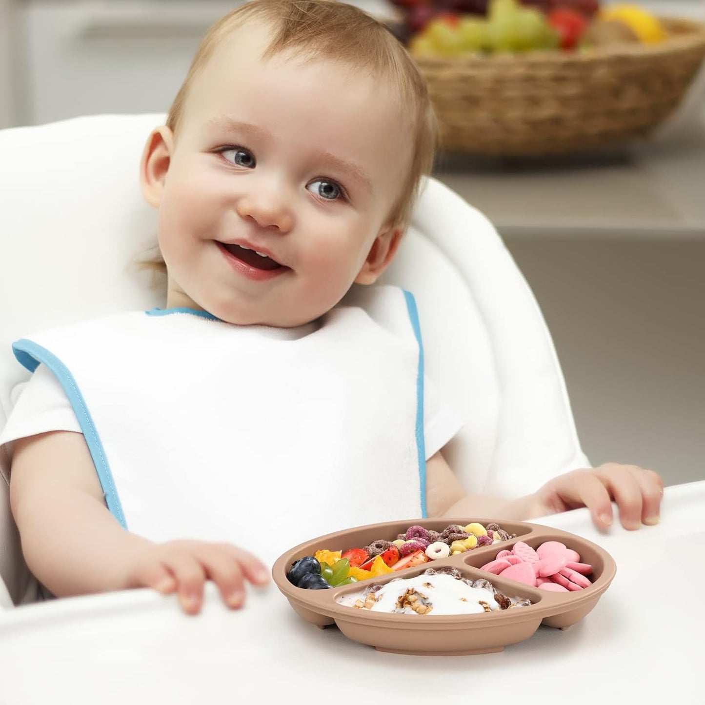 Suction Plate with Lid for Toddler, Baby & Kid, 100% Food-Grade Silicone, Divided Design, Microwave & Dishwasher Safe - Natural