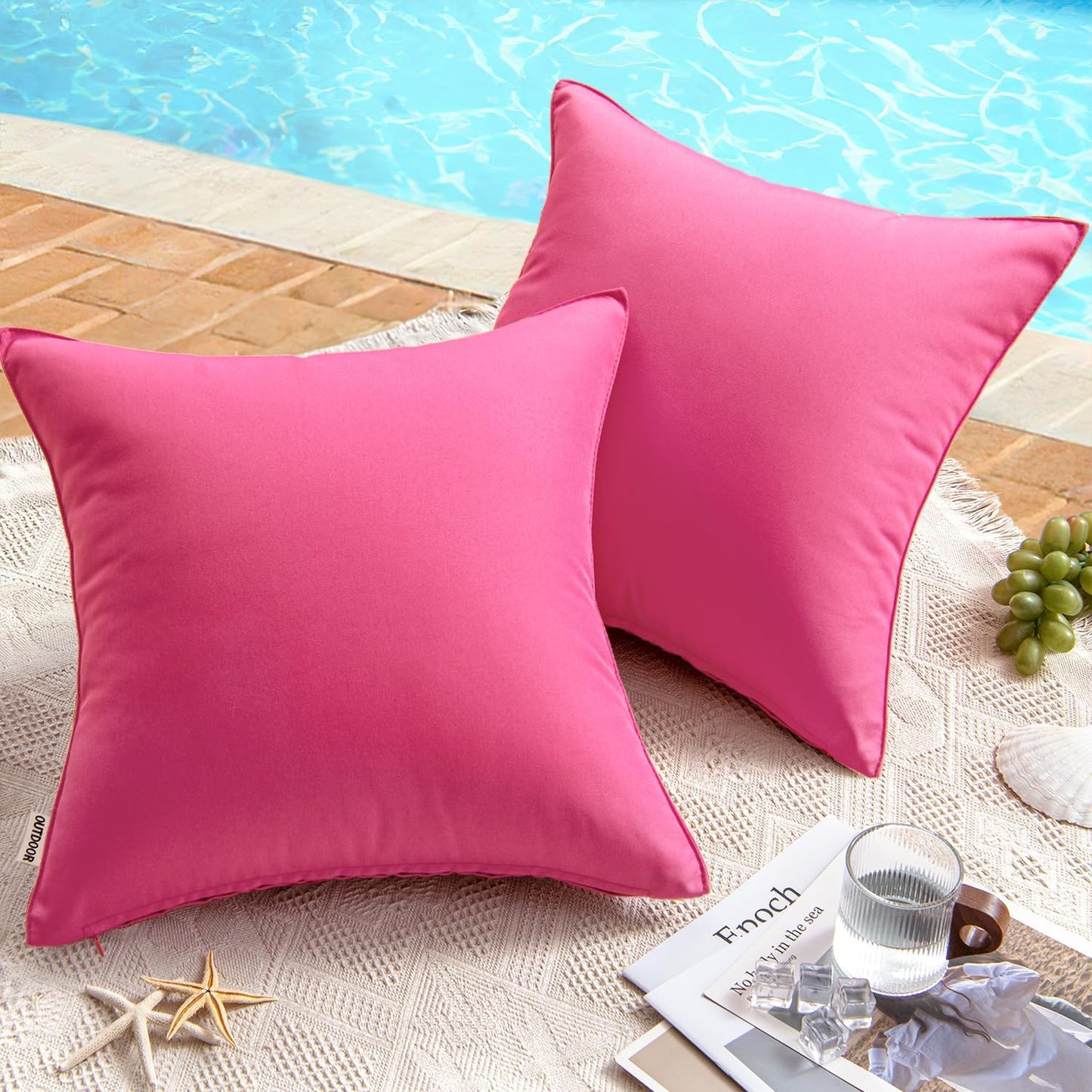 Pack of 2 Decorative Outdoor Waterproof Pillow Covers Square Garden Cushion Sham Throw Pillowcase Summer Shell for Patio Tent Couch 18X18 Inch Hot Pink