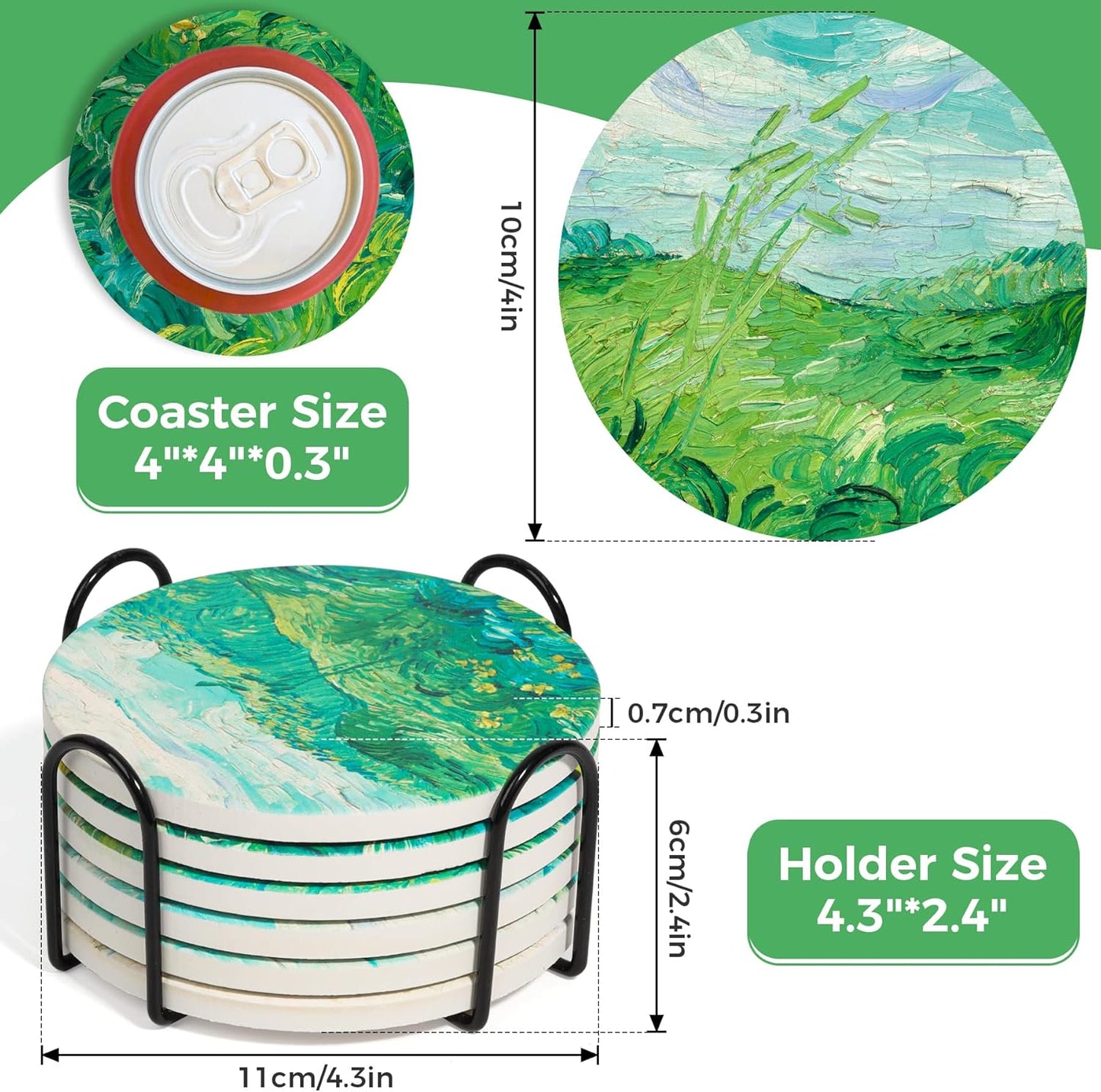 Drink Coasters with Holder, Coasters for Drinks-Set of 6, Van Gogh Paintings Art Ceramic Coasters for Coffee Table Gifts Home Decor, Green, 4 Inches, 10CM