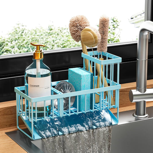 Blue Kitchen Sink Caddy Organzier with High Brush Holder, Sponge Holder for Sink, 304 Rustproof Stainless, Kitchen Countertop Soap Dispenser Organizer, Home Decor and Accessories