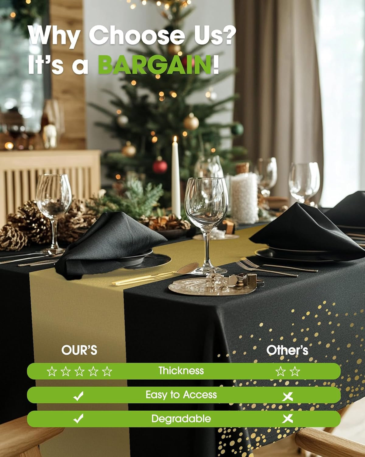 Plastic Table Cloth Disposable 8 Pack, 54 X 108 Inch, Table Runner Style, Graduation Decorations 2025, Party Tablecloths, Rectangle, Plastic Cover, Leakproof & Sturdy, Black Gold