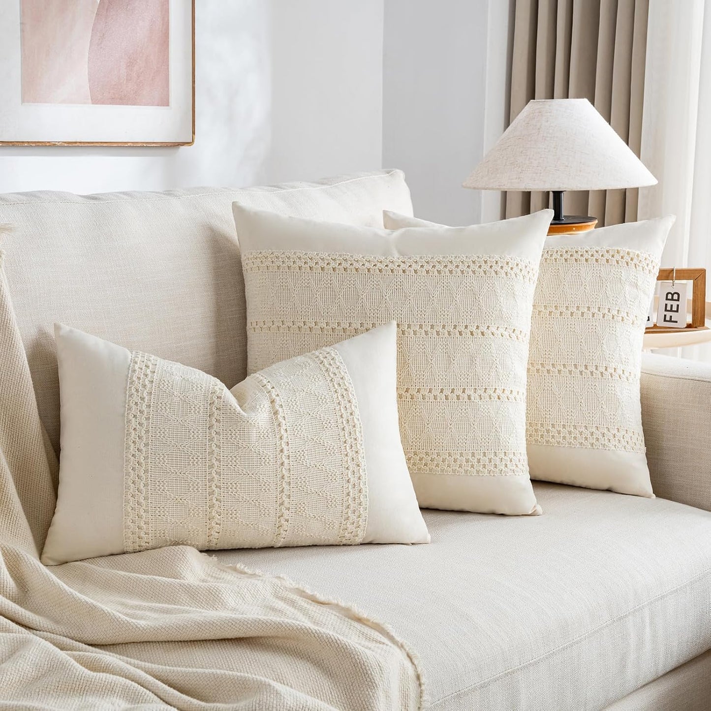 Set of 2 Boho Cream Decorative Throw Pillow Cover 18X18 Inch for Couch Bed Sofa, Aesthetic Modern Organic Farmhouse Home Decor, Soft Cotton Cute Accent Macrame Woven Cushion Case