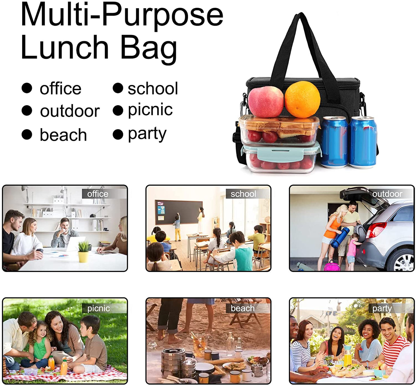 Reusable Lunch Box for Men/Women - Insulated Lunch Bag Leakproof Lunchbox for Work Office Picnic Beach - Freezable Lunch Cooler Bag with Adjustable Shoulder Strap - Black