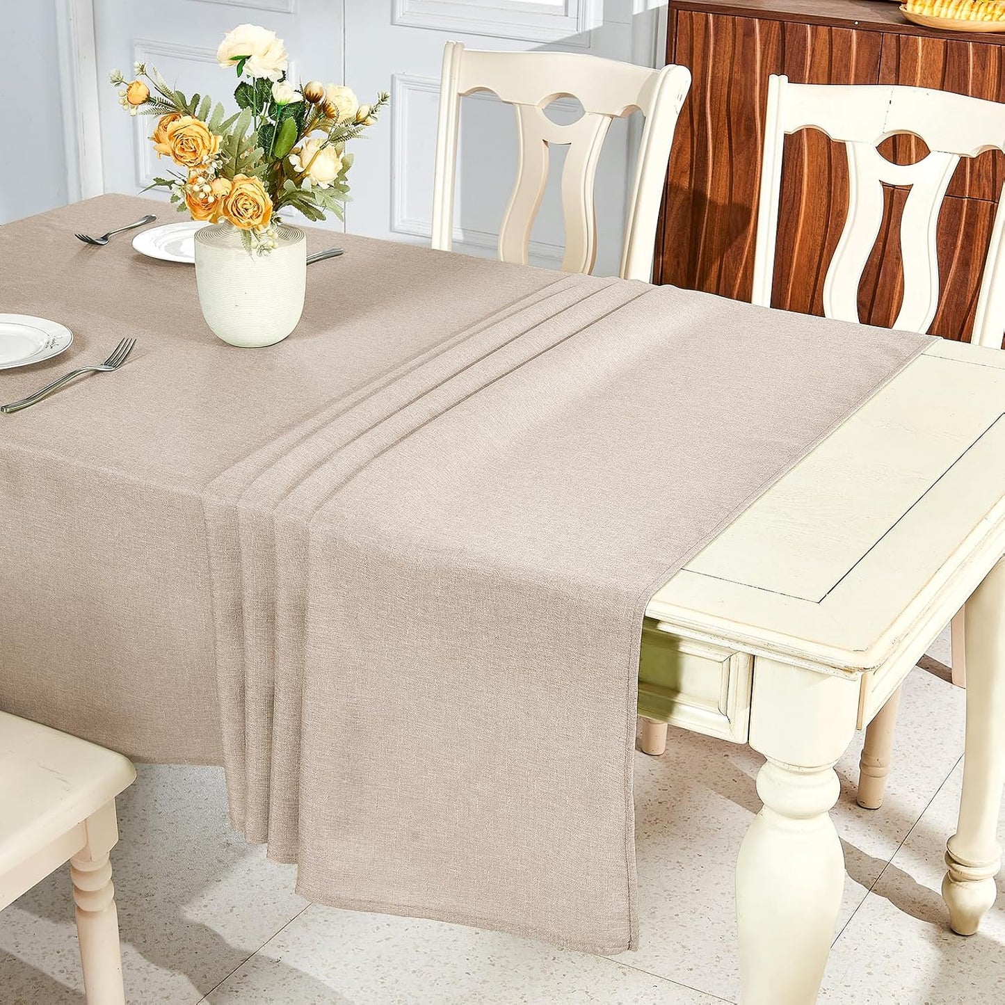 Textured Linen Table Cloth for Rectangle Tables - Khaki Tablecloths Rectangular Waterproof Wrinkle Free Wipeable Dining Table Cover for Spring Wedding Birthday Kitchen Decor, 52 X 70 Inch