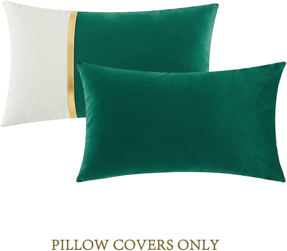 2 Packs Christmas Lumbar Decorative Throw Pillow Covers 12X20 Inch for Living Room Couch Bed, Green and White Velvet Patchwork with Gold Leather, Rectangle Cushion Case 30X50 Cm