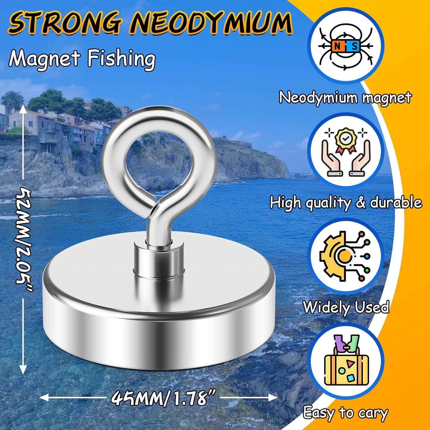 Neodymium Fishing Magnet, 200 Lbs Strong Magnet Fishing, Magnetic Fishing Magnets Heavy Duty for Remover, Super Powerful round Magnets for Retrieving Items in Lake, Beach, Lawn 1.75’’(45Mm)