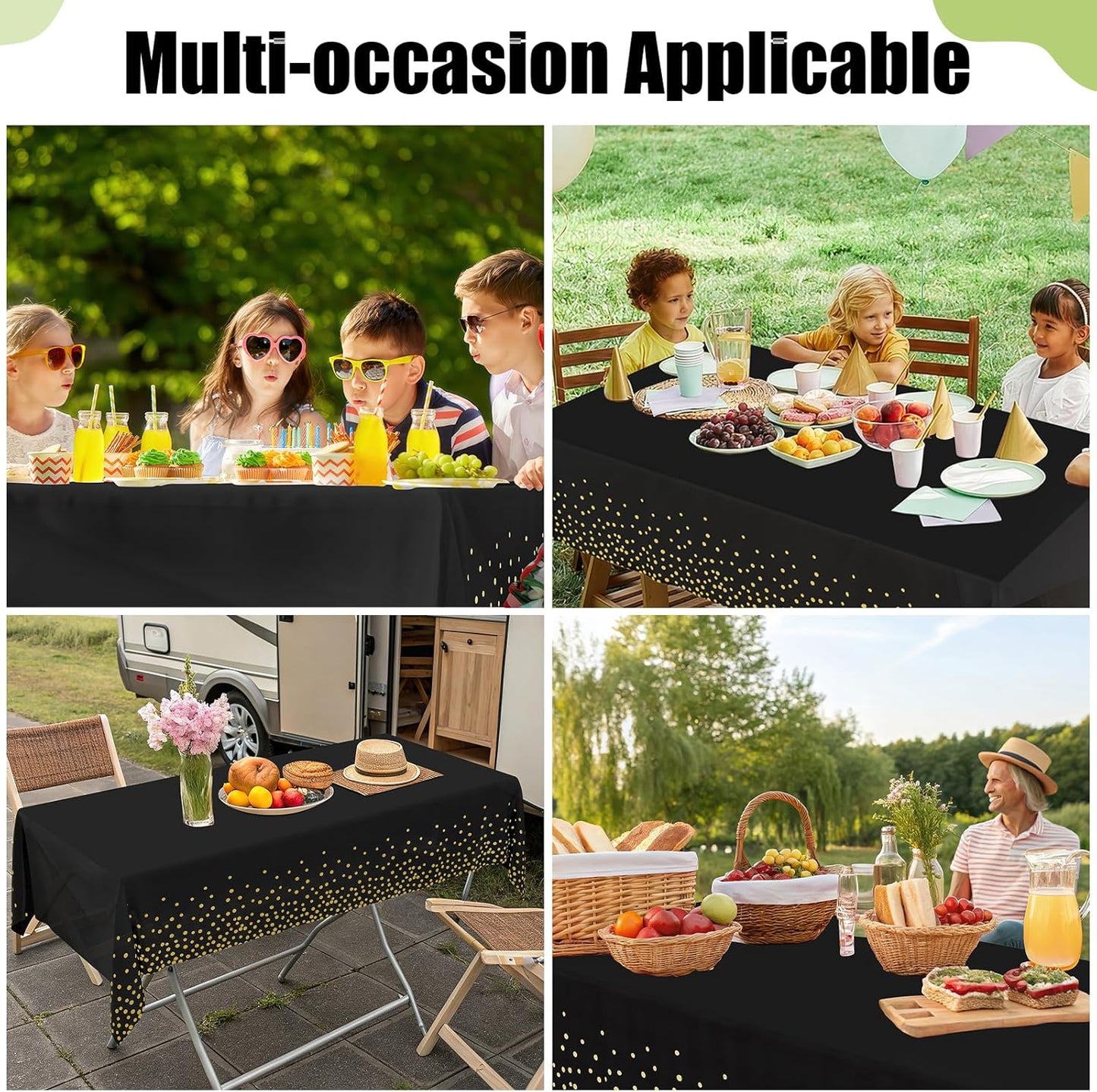 Premium Disposable Tablecloths - 6 Pack, 54 x 108 Inch Waterproof Rectangular Covers for Events, Elegant Plastic Table Covers, Leakproof & Durable, Black & Gold