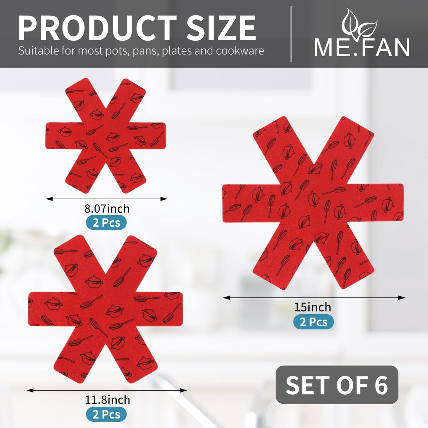 Pot and Pan Protectors, 6 Set (7.9" 11.8" 15"), Felt Cookware, Kitchenware Separators Protector for Stacking to Avoid Scratching Red